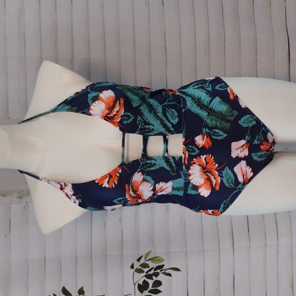 Zaful Navy Floral One Piece Swimsuit, Size XL